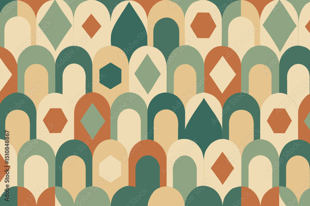Poster pattern of geometric shapes in earthy tones displayed on a textured surface