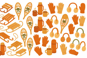 Winter activities featuring sleds, snowshoes, hot beverages, and cozy winter gear in a warm color palette