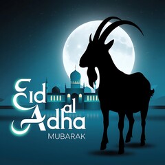 A stunning Eid Al Adha banner featuring a majestic black silhouette of a goat against a serene night sky with a glowing full moon 