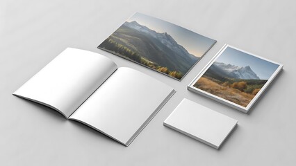 Blank photo books and landscape images mockup