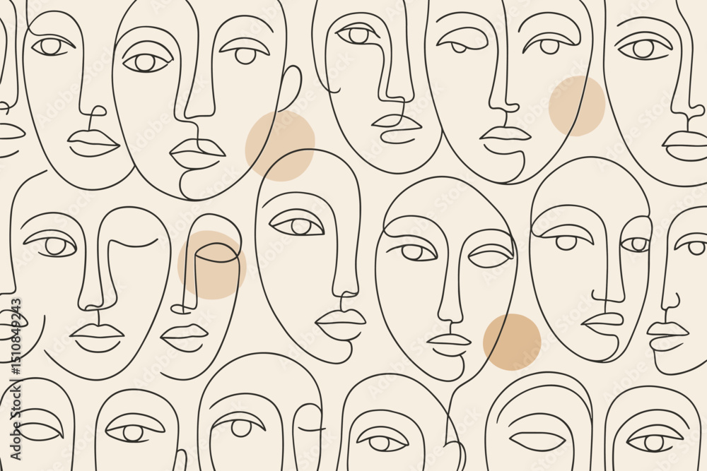 Poster artistic line drawing featuring multiple abstract faces with soft circular accents on a light backgr