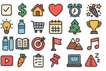 Collection of colorful icons representing various aspects of daily life and activities such as health, finance, and celebration