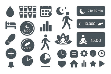 Icons and symbols representing health and wellness tracking in a digital application interface