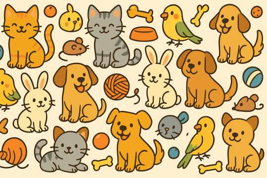 Cute pets playfully arranged on a colorful background in an adorable pattern design featuring various animals and toys