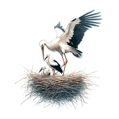 A family of storks in a large nest. Nest of storks in watercolor style. 