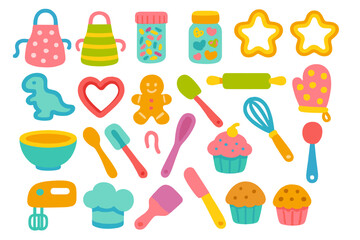Colorful baking tools and ingredients set for creative kitchen activities with children