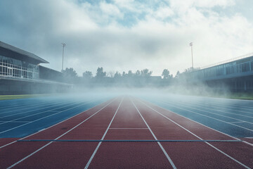 Track and field stadium filled with fog