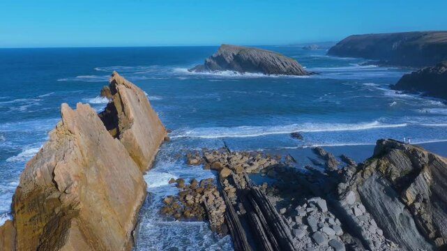 Waves on the cliffs of Madero Beach in the Dunes of Liencres Natural Park. Liencres, Pi&eacute;lagos Municipality, Costa Quebrada Geopark, Cantabrian Sea, Cantabria, Spain, Europe