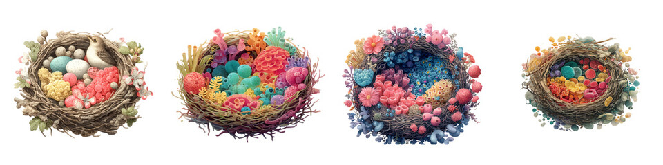 Colorful Decorative Nests Filled with Easter Eggs and Flowers