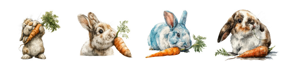 Cute rabbits holding carrots in various poses and expressions