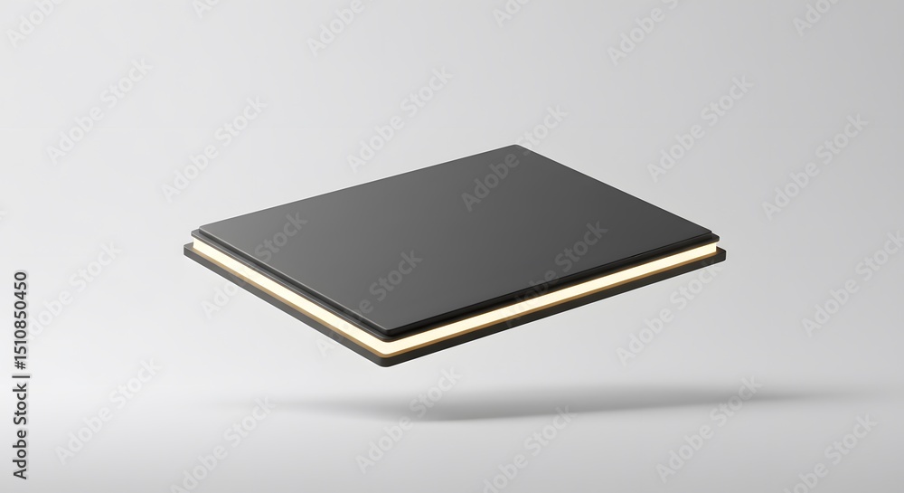 Poster floating black rectangular block with glowing edges: minimalist design and modern aesthetics
