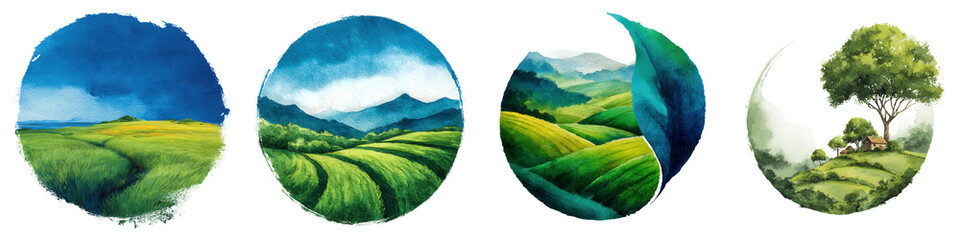 Serene Watercolor Landscapes with Rolling Hills and Greenery