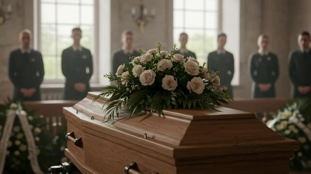 Funeral service with casket and mourners in a solemn setting  