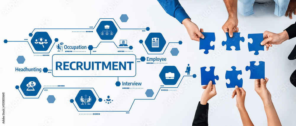 Poster visual representation of the recruitment process featuring hands assembling puzzle pieces, highlight