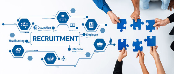 Visual representation of the recruitment process featuring hands assembling puzzle pieces,...