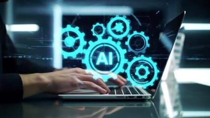 A man looking at ai gears floating in front of him with a futuristic transparent interface overlay - Powered by Adobe