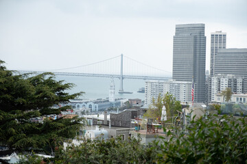 Telephoto view of the San Francisco skyline and Bay Bridge taken from the top of Lombard Street, San Francisco, CA on March 22, 2020