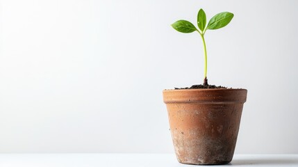Green indoor plant sprout in black ceramic pot. Decorative houseplant isolated on white background. Gardening ideas concept