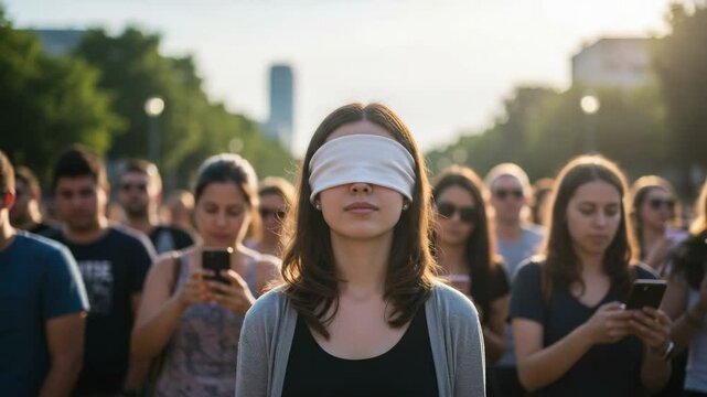 Young woman with blindfold standing in crowd during protest at sunset  