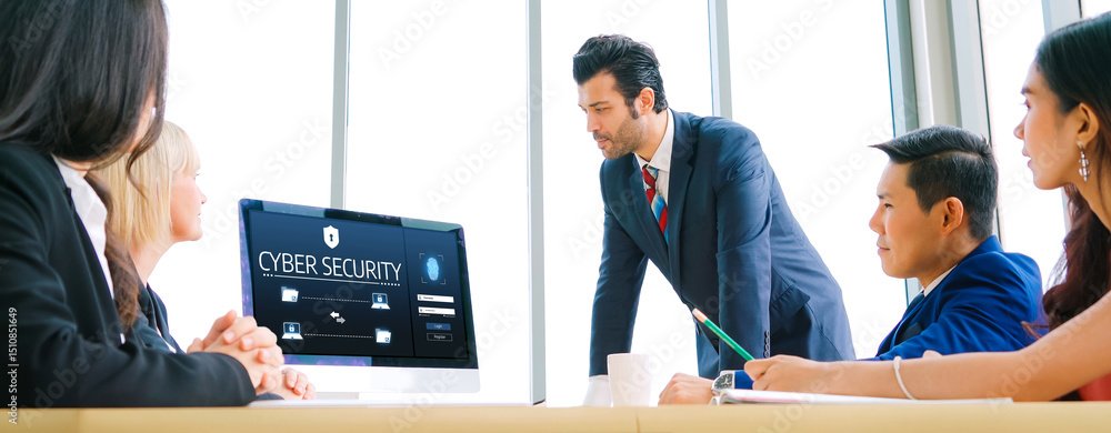 Poster cyber security system on computer screen protect private information snugly from hacker and cyber at