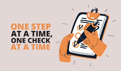 Cartoon vector illustration of a hand with a pen marking checkboxes on a tablet, symbolizing task management and organization