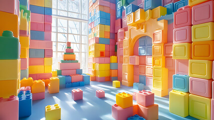 Vibrant Indoor Play Area Constructed with Colorful Building Blocks