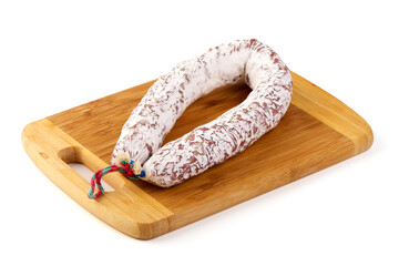Whole Dry Cured Sausage with White Mold Coating, Isolated on white background.