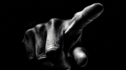 A hand pointing forward in dramatic black and white light. © Putro