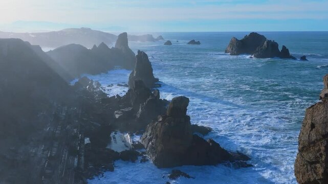 Waves at the Urros de Liencres and Portio Beach in the Dunes of Liencres Natural Park. Liencres, Pi&eacute;lagos Municipality, Costa Quebrada Geopark, Cantabrian Sea, Cantabria, Spain, Europe