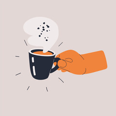 Cartoon vector illustration of a hand holding a steaming cup of coffee, symbolizing relaxation and daily energy