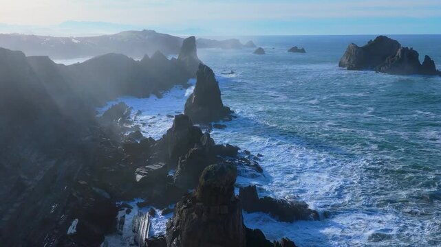Waves at the Urros de Liencres and Portio Beach in the Dunes of Liencres Natural Park. Liencres, Pi&eacute;lagos Municipality, Costa Quebrada Geopark, Cantabrian Sea, Cantabria, Spain, Europe