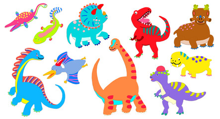 Cute dinosaurs set. Colorful hand drawn doodle dinosaurs. character design for kid . emboss textured style . for playful , print, clothes, poster, education, edutainment. transparent background .