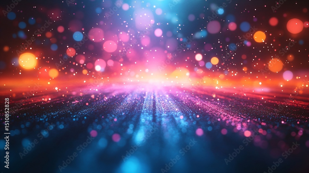Poster shimmering abstract background with bright light particles and bokeh. futuristic colorful glowing li
