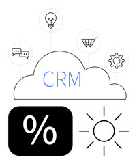CRM cloud linking communication, ideas, e-commerce, and workflow symbols with percentage and sunshine graphics. Ideal for data management, productivity, automation, marketing, innovation