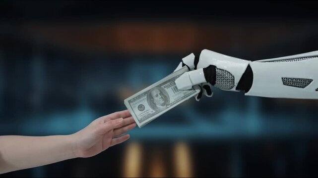 A futuristic robot hand offers a banknote to a human hand, illustrating the synergy of technology and finance. The image captures a moment of exchange, highlighting innovation. MZL