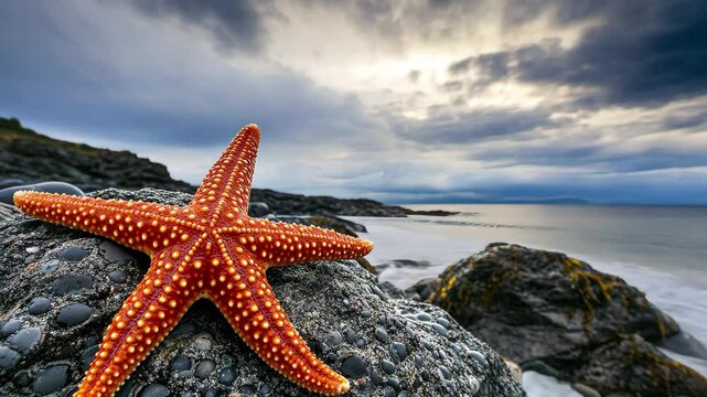 Bright orange starfish resting on rocky shore under cloudy sky at coastal location, Bright orange starfish on rocky shore with cloudy sky and ocean backdrop