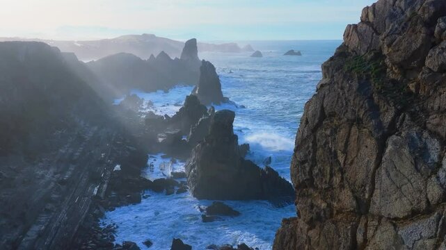 Waves at the Urros de Liencres and Portio Beach in the Dunes of Liencres Natural Park. Liencres, Pi&eacute;lagos Municipality, Costa Quebrada Geopark, Cantabrian Sea, Cantabria, Spain, Europe