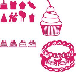 Cute seamless pattern of cartoon cupcakes and cakes with sweet decorations in a vector illustration