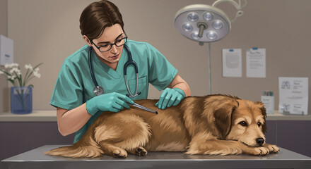 Vet removing ticks from calm dog, warm digital clinic scene