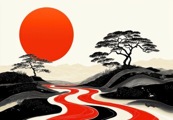Traditional Japanese Landscape with Red Sun and Pine Trees for Zen Decor, Cultural Events, and Book Covers
