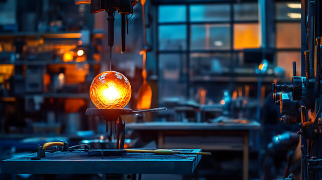 Glassblowing Process: Molten Glass Sphere Being Shaped in a Workshop