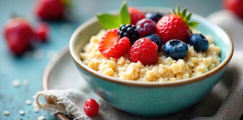 A vibrant bowl of oatmeal topped with colorful fruits and berries Perfect for a healthy and cheerful breakfast or snack The bright colors pop against the creamy texture , tart, blue, healthy