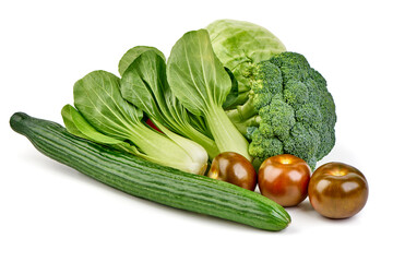 Assorted Fresh Vegetables: Bok Choy, Cucumber, Tomatoes, Broccoli, and Cabbage Isolated on White Background