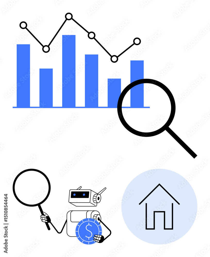Aufkleber bar graph with line chart, magnifying glass, ai bot with dollar, and house. ideal for data interpret