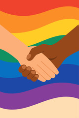 two hands shaking as a symbol of equality and unity over a colorful rainbow background to celebrate pride month and lgbtq diversity
