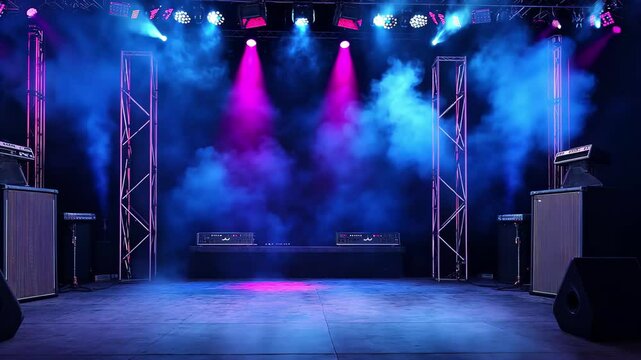 Vibrant hip hop concert stage with colorful lights and fog creating an energetic atmosphere for performers, hip hop concert stage seamless ing background
