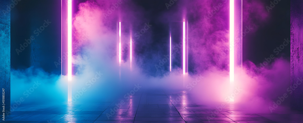 Poster background of an empty room with smoke and neon light. dark abstract background