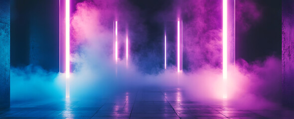 Background of an empty room with smoke and neon light. Dark abstract background