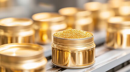 Luxurious golden cosmetic jar with beads for beauty products display