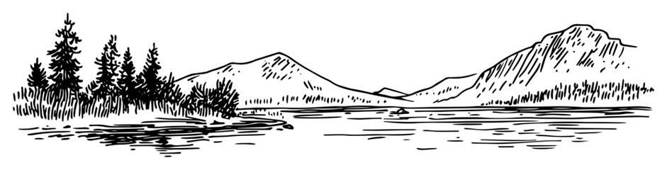 mountain lake landscape with forest and reflections